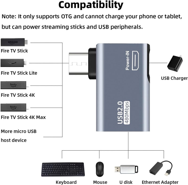 AreMe 2 Pack OTG Cable Adapter for Fire TV Stick 4K, 90 Degree Left and Right Angle Powered Micro USB to USB OTG Adapter for Android Phone Tablet and More Host Devices with Micro USB (Grey) - Image 5